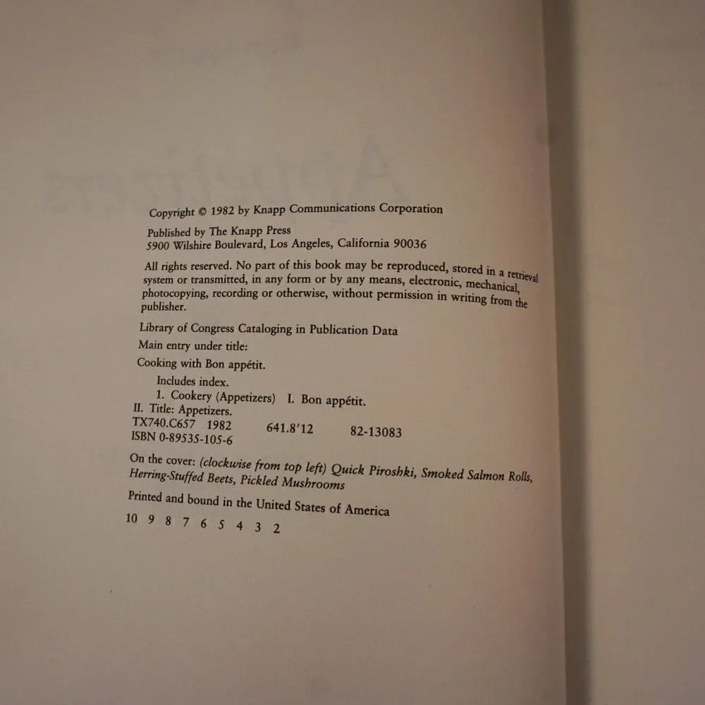 Cooking with Appetizers Bon Appetit Hardcover 1982